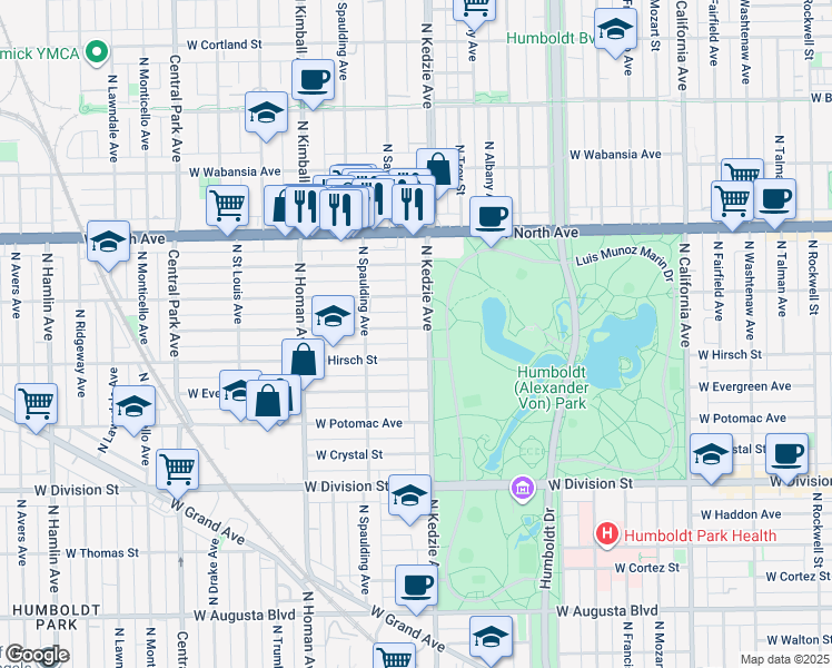 map of restaurants, bars, coffee shops, grocery stores, and more near 3227 West Beach Avenue in Chicago