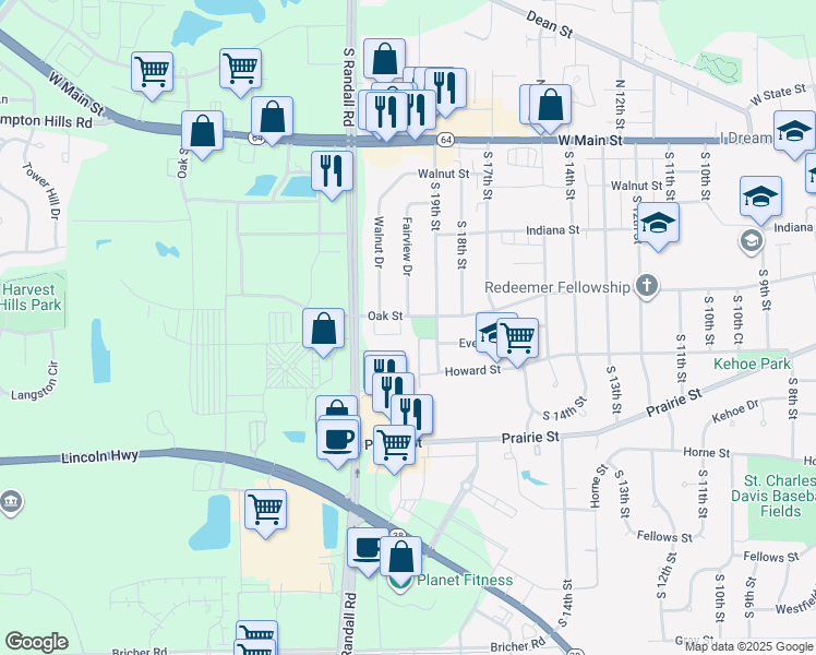 map of restaurants, bars, coffee shops, grocery stores, and more near 1909 Oak Street in St. Charles