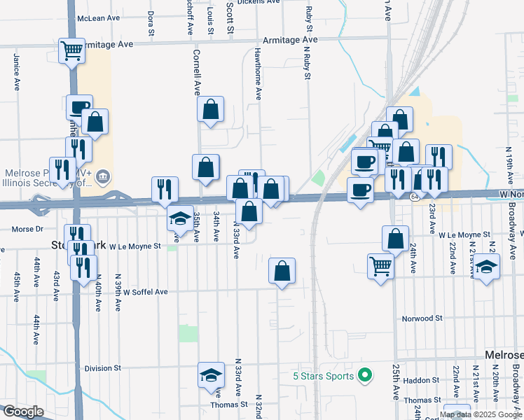 map of restaurants, bars, coffee shops, grocery stores, and more near 1824 North 32nd Avenue in Stone Park
