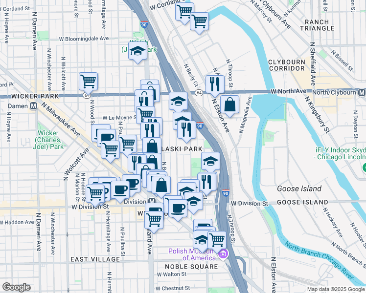 map of restaurants, bars, coffee shops, grocery stores, and more near 1448 West Blackhawk Street in Chicago