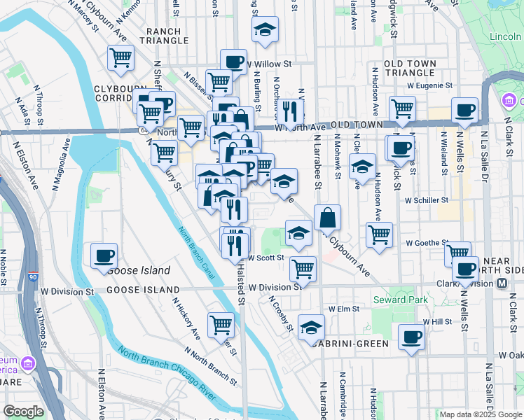 map of restaurants, bars, coffee shops, grocery stores, and more near 721 West Blackhawk Street in Chicago