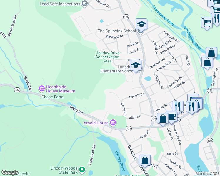 map of restaurants, bars, coffee shops, grocery stores, and more near 26 Bernon Drive in Lincoln
