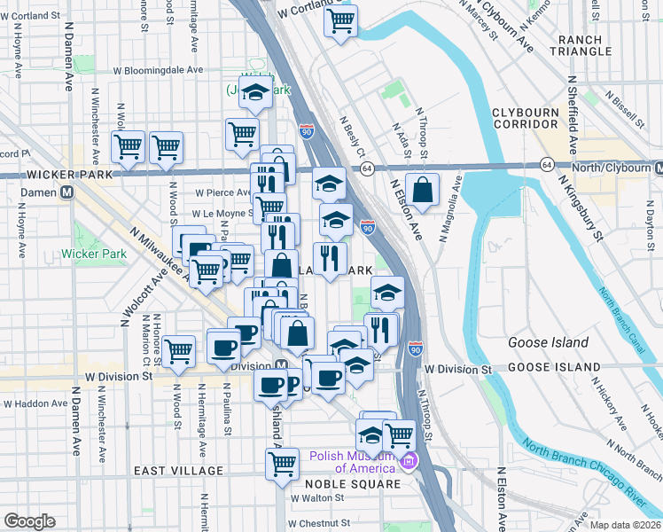 map of restaurants, bars, coffee shops, grocery stores, and more near in Chicago