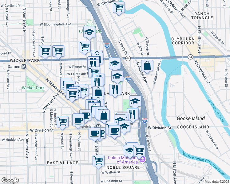 map of restaurants, bars, coffee shops, grocery stores, and more near in Chicago