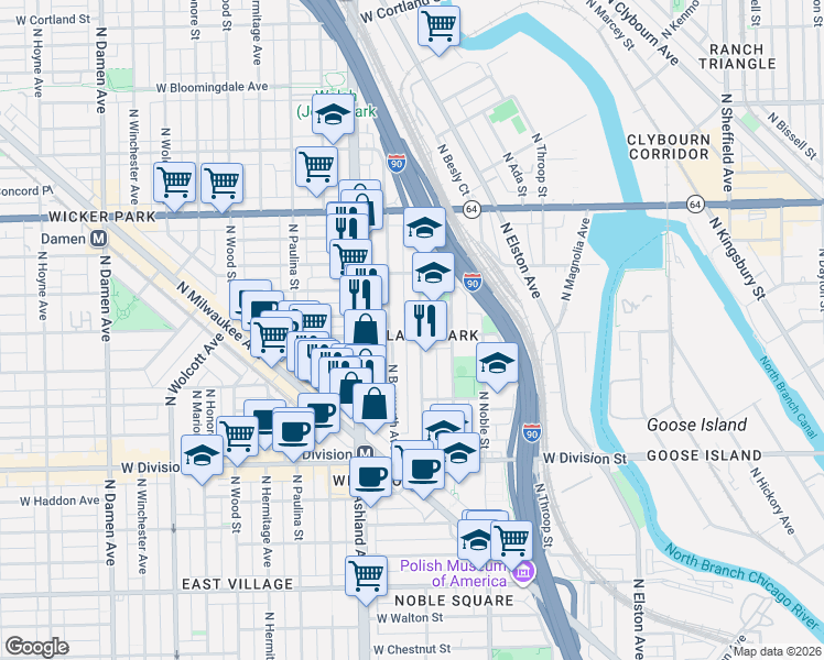 map of restaurants, bars, coffee shops, grocery stores, and more near 1363 North Bosworth Avenue in Chicago