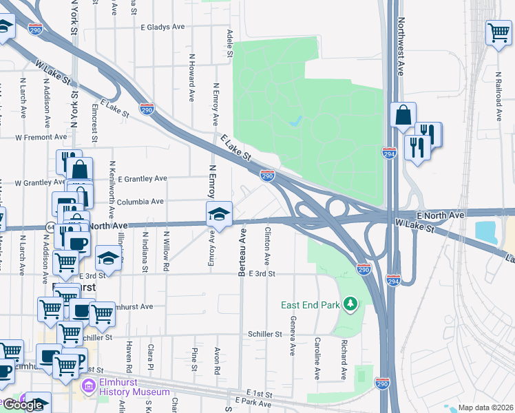 map of restaurants, bars, coffee shops, grocery stores, and more near 418 Berteau Avenue in Elmhurst