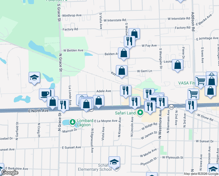 map of restaurants, bars, coffee shops, grocery stores, and more near 2N116 Clarendon Avenue in Lombard
