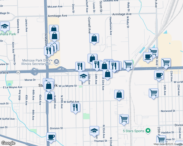map of restaurants, bars, coffee shops, grocery stores, and more near 3416 West North Avenue in Stone Park