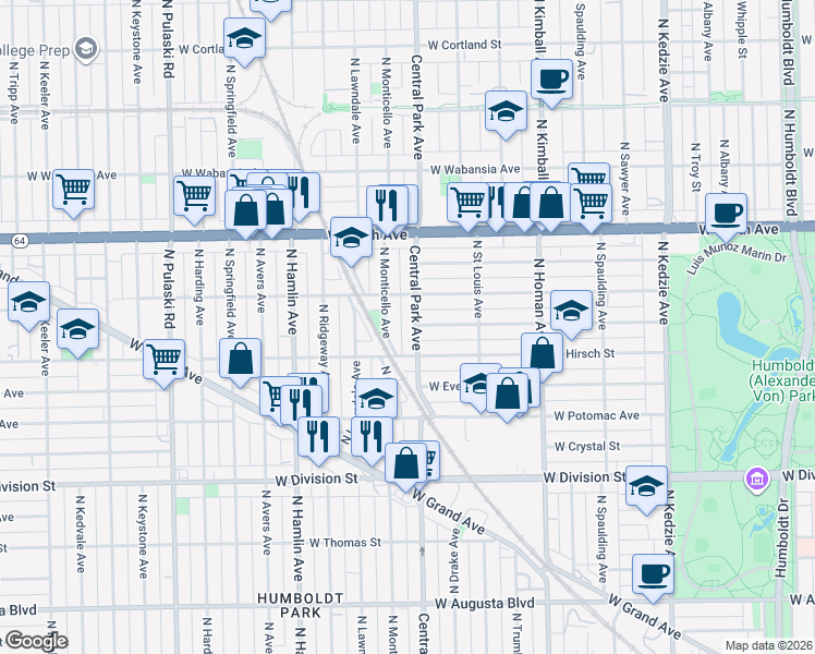 map of restaurants, bars, coffee shops, grocery stores, and more near 1420 North Central Park Avenue in Chicago