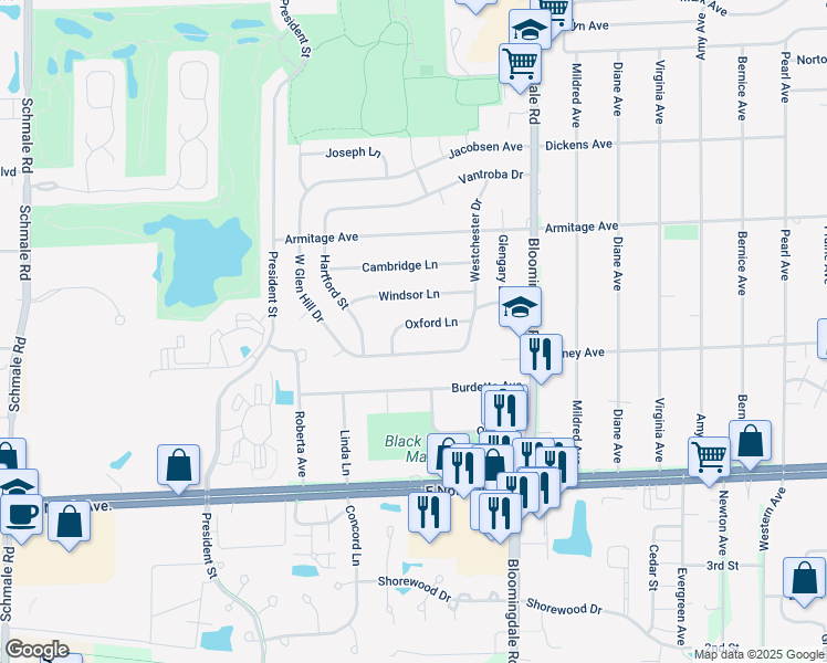 map of restaurants, bars, coffee shops, grocery stores, and more near 105 Oxford Lane in Glendale Heights