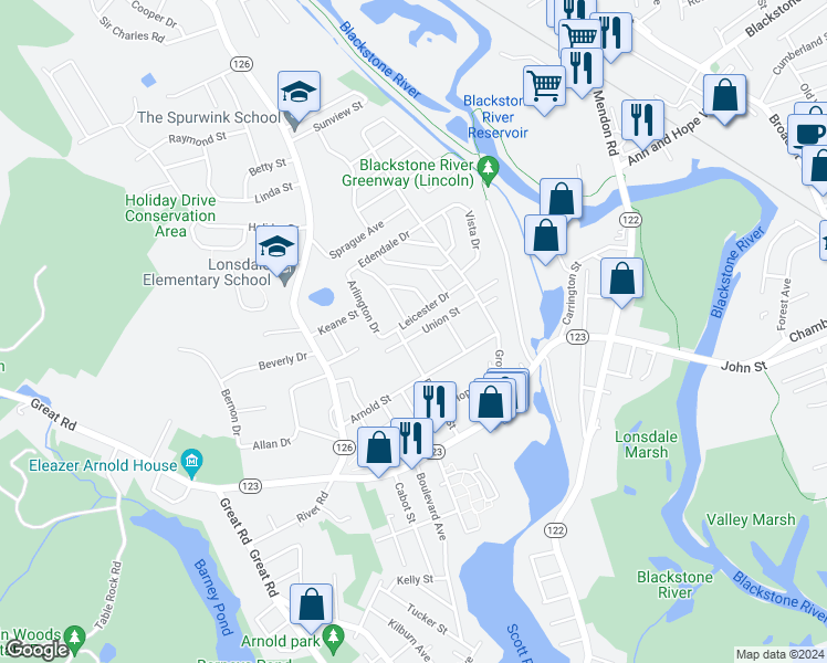 map of restaurants, bars, coffee shops, grocery stores, and more near 75 Union Street in Lincoln