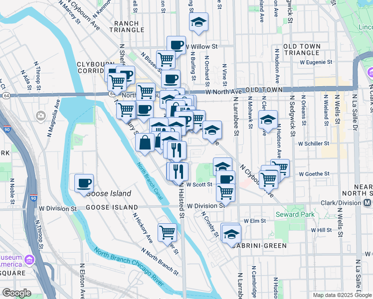 map of restaurants, bars, coffee shops, grocery stores, and more near 1421 North Halsted Street in Chicago