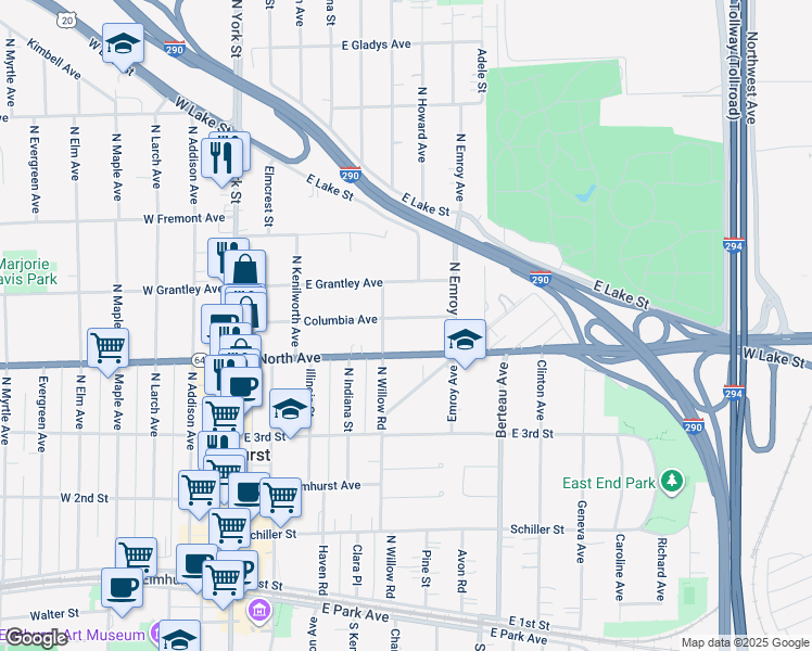 map of restaurants, bars, coffee shops, grocery stores, and more near 240 Columbia Avenue in Elmhurst