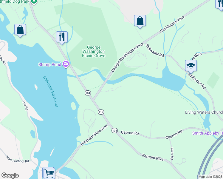 map of restaurants, bars, coffee shops, grocery stores, and more near 69 Washington Hwy in Smithfield