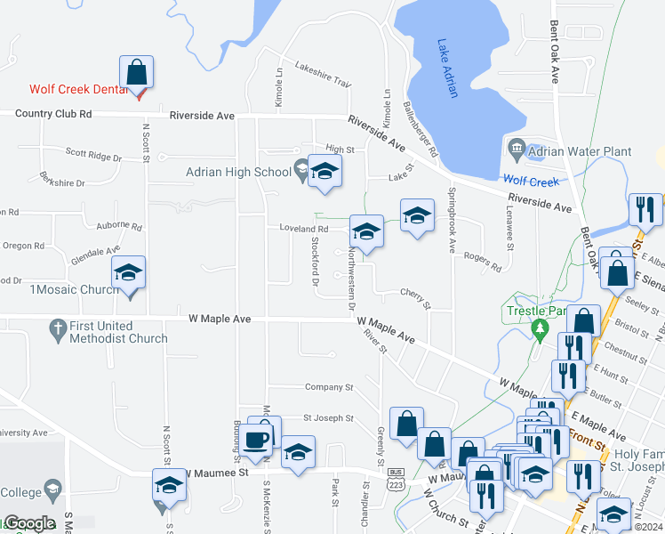 map of restaurants, bars, coffee shops, grocery stores, and more near 717 Oxford Court in Adrian