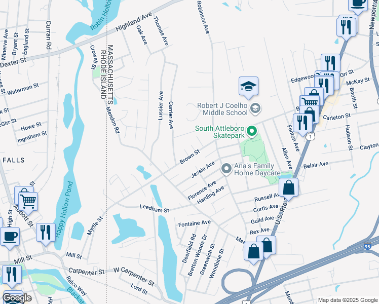 map of restaurants, bars, coffee shops, grocery stores, and more near 245 Brown Street in Attleboro