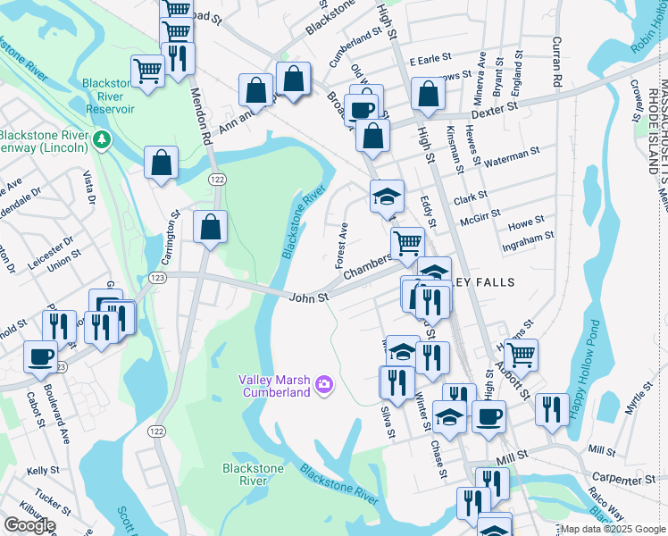 map of restaurants, bars, coffee shops, grocery stores, and more near 76 Forest Avenue in Cumberland