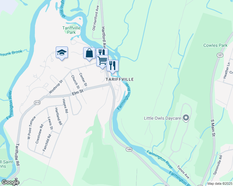 map of restaurants, bars, coffee shops, grocery stores, and more near 11 Tunxis Place in Simsbury