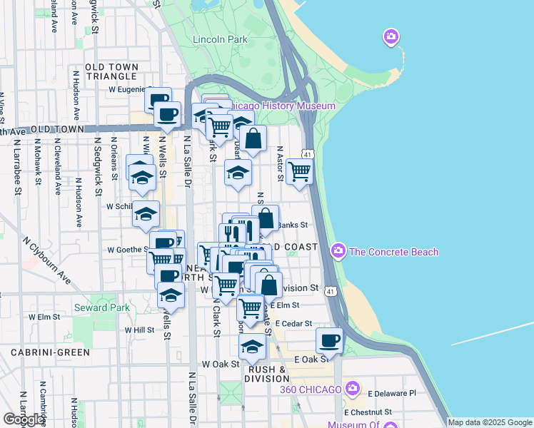 map of restaurants, bars, coffee shops, grocery stores, and more near in Chicago