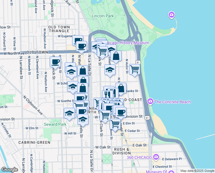 map of restaurants, bars, coffee shops, grocery stores, and more near 1337 North Dearborn Parkway in Chicago