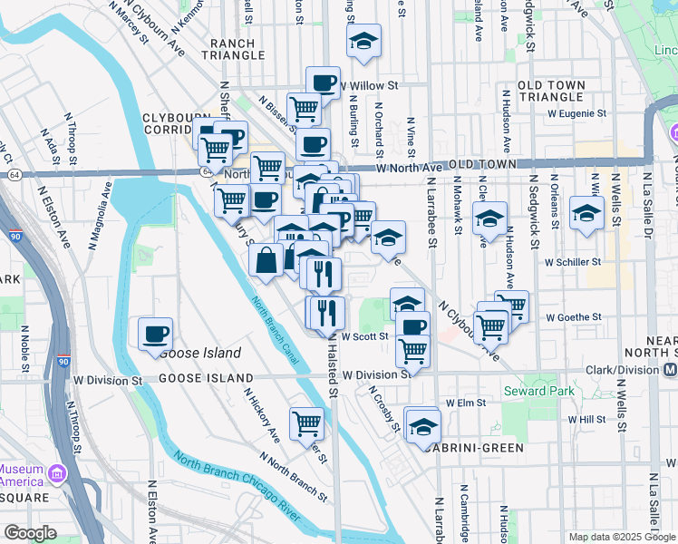map of restaurants, bars, coffee shops, grocery stores, and more near in Chicago