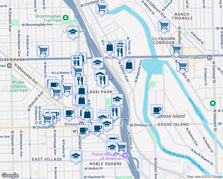 map of restaurants, bars, coffee shops, grocery stores, and more near 1406 West Blackhawk Street in Chicago
