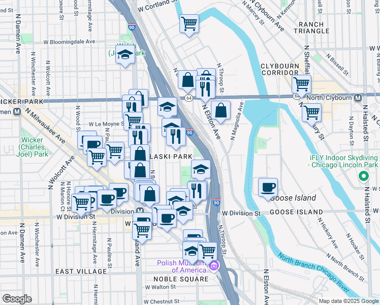 map of restaurants, bars, coffee shops, grocery stores, and more near 1406 West Blackhawk Street in Chicago