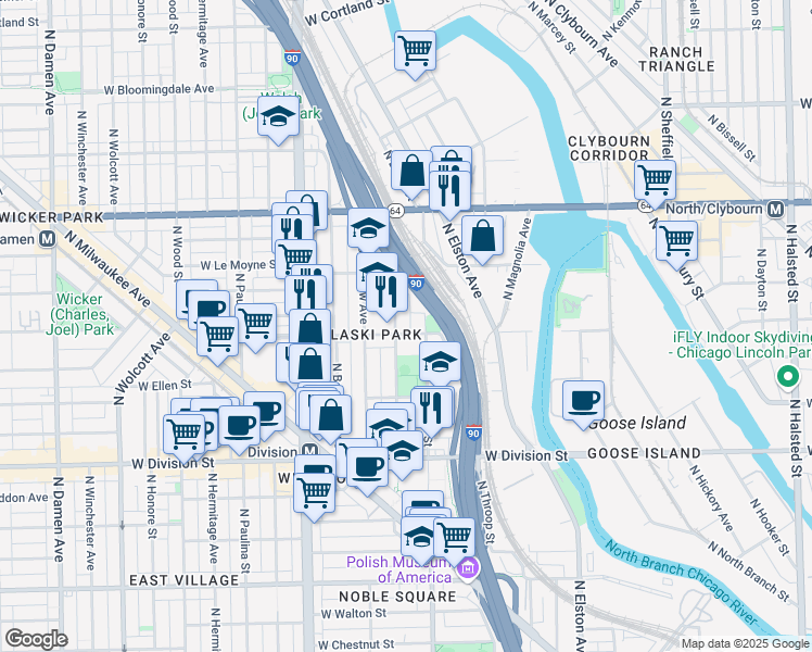 map of restaurants, bars, coffee shops, grocery stores, and more near 1406 West Blackhawk Street in Chicago