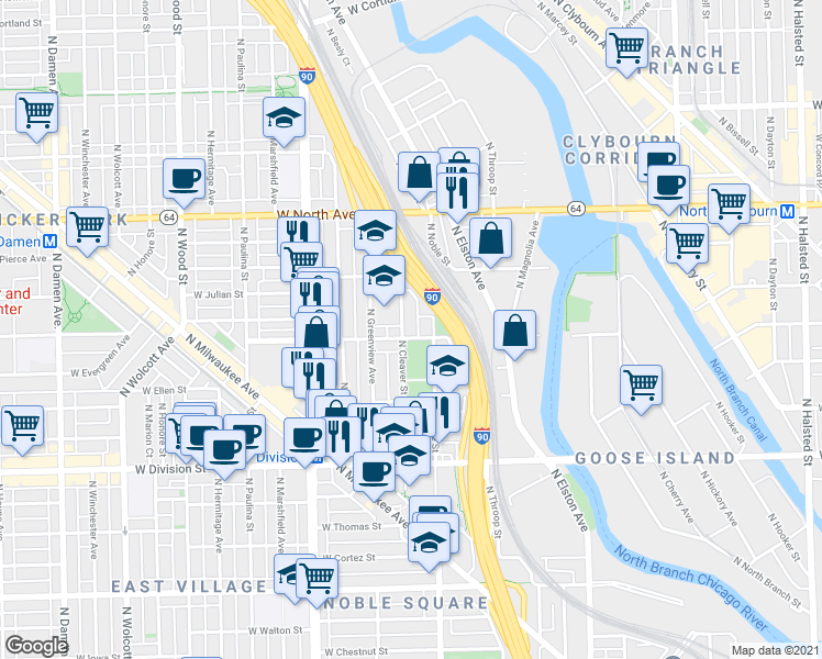 map of restaurants, bars, coffee shops, grocery stores, and more near 1406 West Blackhawk Street in Chicago
