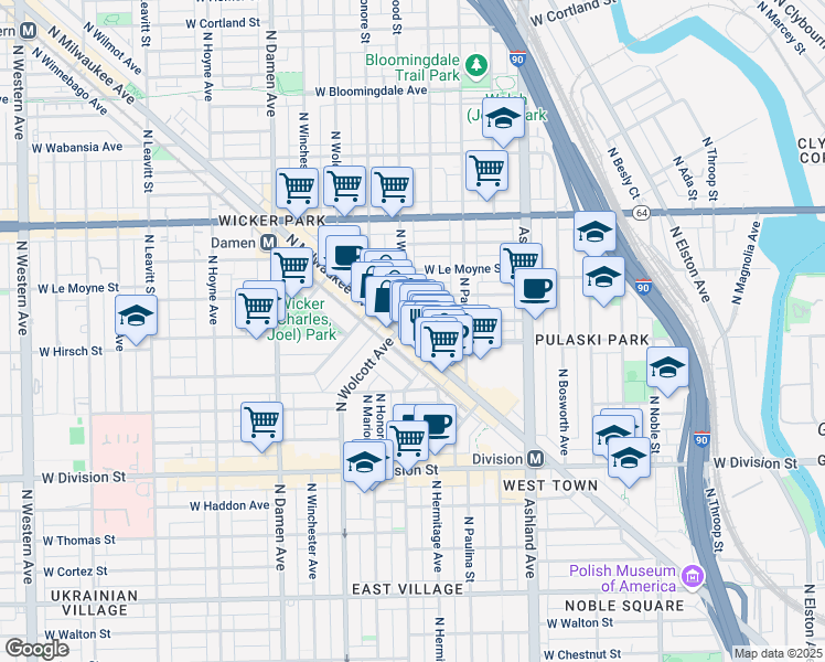 map of restaurants, bars, coffee shops, grocery stores, and more near 1383 North Milwaukee Avenue in Chicago