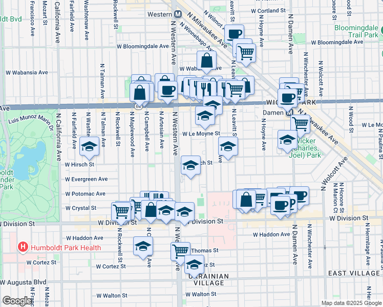 map of restaurants, bars, coffee shops, grocery stores, and more near 1431 North Western Avenue in Chicago