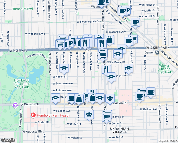 map of restaurants, bars, coffee shops, grocery stores, and more near 1408 North Campbell Avenue in Chicago