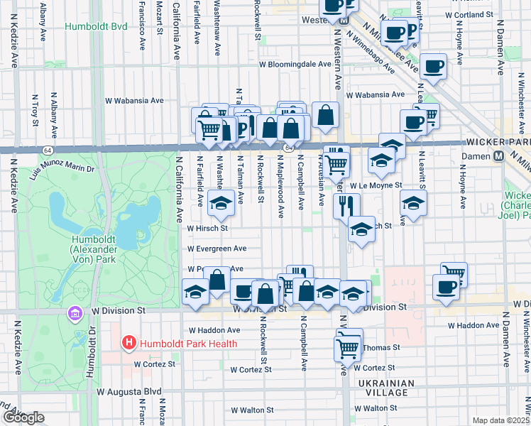 map of restaurants, bars, coffee shops, grocery stores, and more near in Chicago