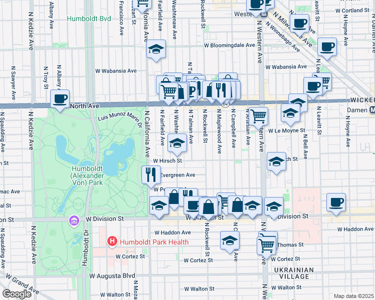 map of restaurants, bars, coffee shops, grocery stores, and more near 2620 West Hirsch Street in Chicago