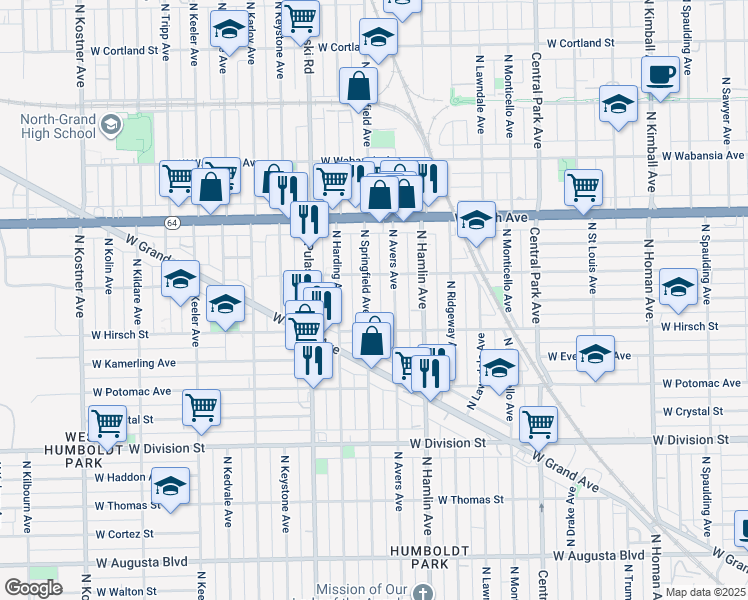 map of restaurants, bars, coffee shops, grocery stores, and more near 1422 North Avers Avenue in Chicago