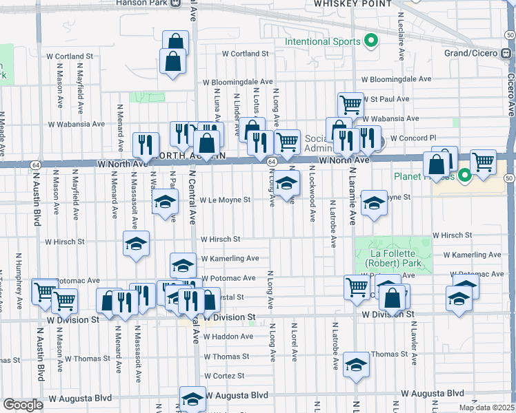 map of restaurants, bars, coffee shops, grocery stores, and more near 1439 North Lotus Avenue in Chicago