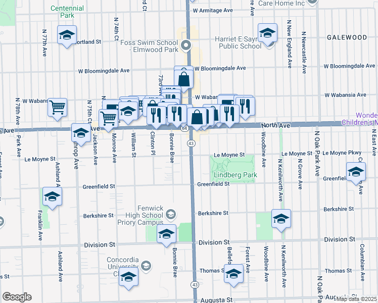map of restaurants, bars, coffee shops, grocery stores, and more near in River Forest