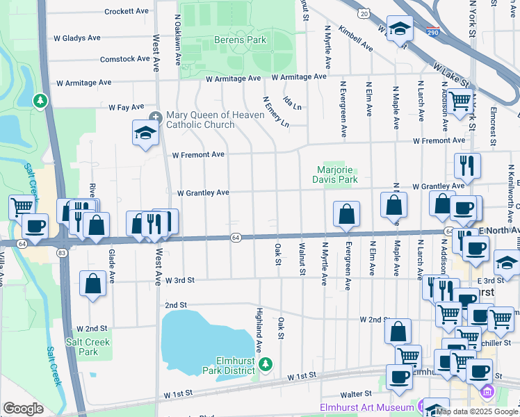 map of restaurants, bars, coffee shops, grocery stores, and more near 320 Oak Street in Elmhurst