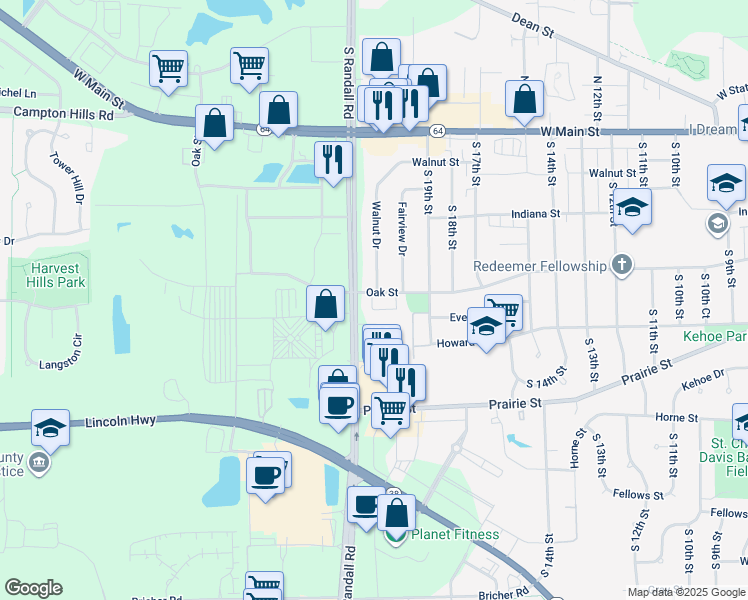 map of restaurants, bars, coffee shops, grocery stores, and more near 300 South Randall Road in St. Charles