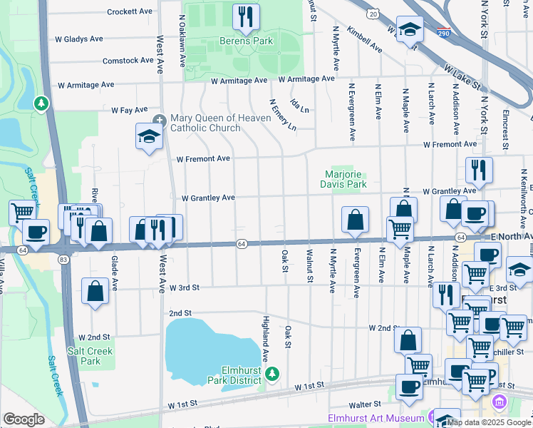 map of restaurants, bars, coffee shops, grocery stores, and more near 320 Oak Street in Elmhurst