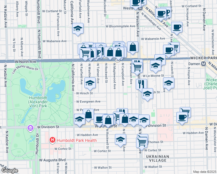 map of restaurants, bars, coffee shops, grocery stores, and more near in Chicago