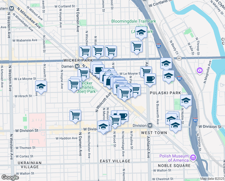 map of restaurants, bars, coffee shops, grocery stores, and more near North Milwaukee Avenue & North Wolcott Avenue in Chicago