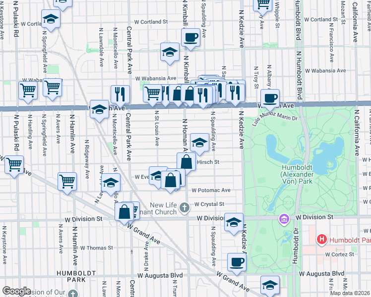 map of restaurants, bars, coffee shops, grocery stores, and more near N Homan Ave & W Beach Ave in Chicago