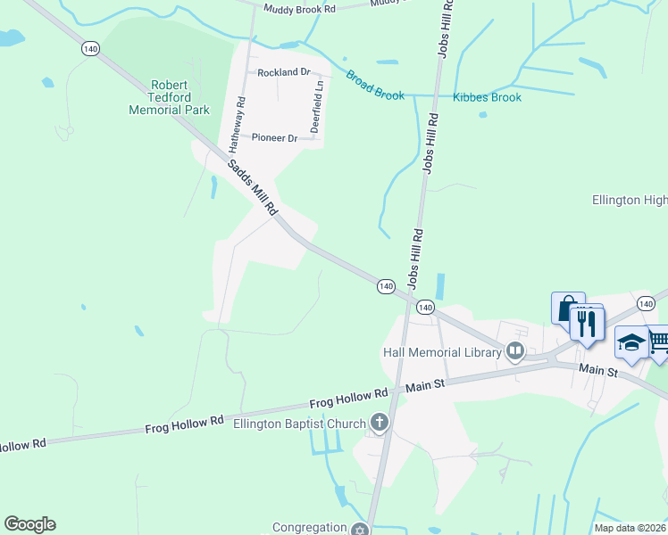 map of restaurants, bars, coffee shops, grocery stores, and more near 18 Sadds Mill Road in Ellington