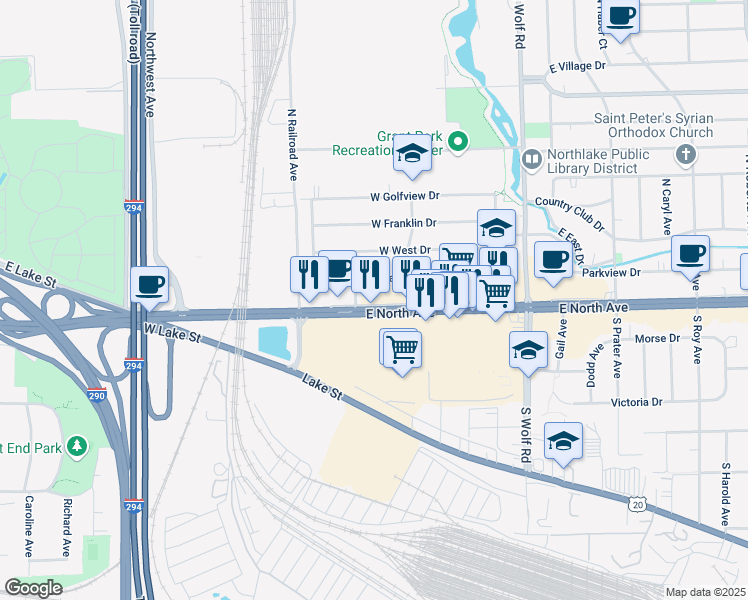 map of restaurants, bars, coffee shops, grocery stores, and more near 128 West North Avenue Service Road in Northlake