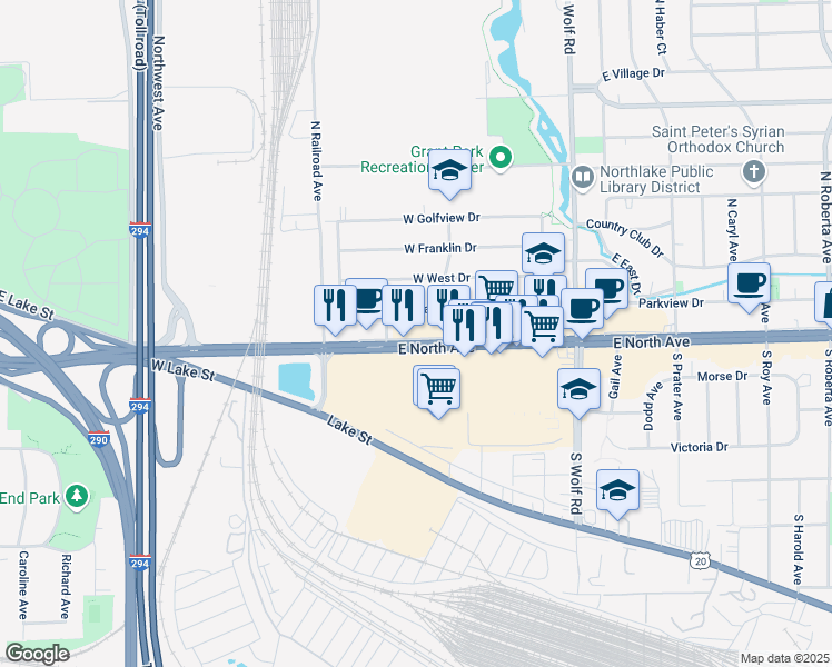 map of restaurants, bars, coffee shops, grocery stores, and more near 128 West North Avenue Service Road in Northlake