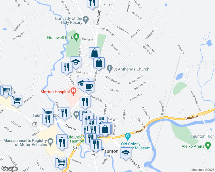 map of restaurants, bars, coffee shops, grocery stores, and more near 109 School Street in Taunton