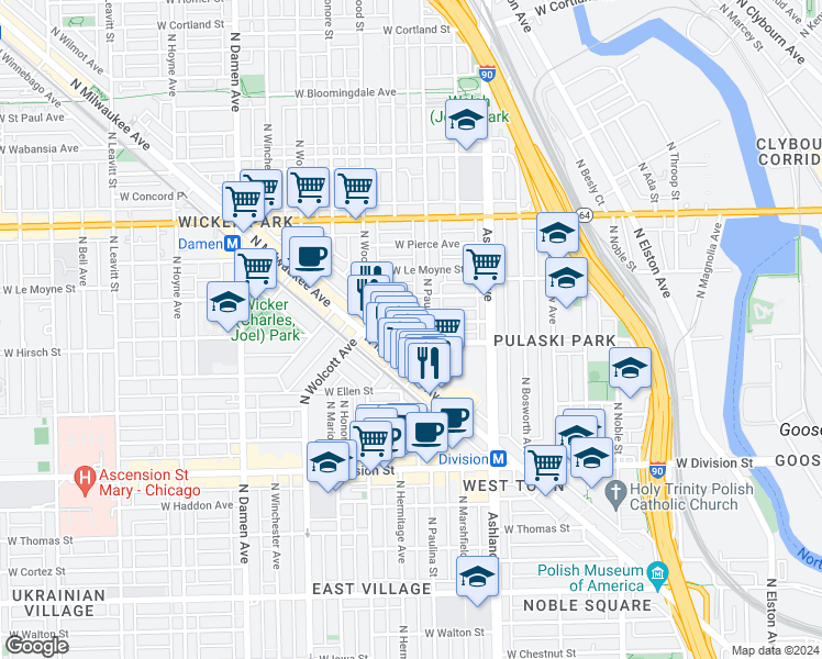 map of restaurants, bars, coffee shops, grocery stores, and more near 1353 North Dean Street in Chicago