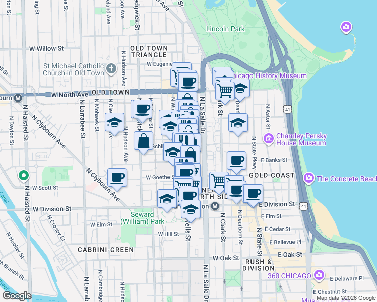 map of restaurants, bars, coffee shops, grocery stores, and more near 1357 North Wells Street in Chicago