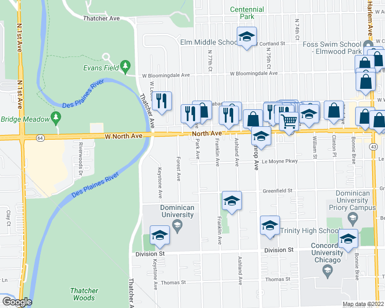 map of restaurants, bars, coffee shops, grocery stores, and more near 1506 Park Avenue in River Forest